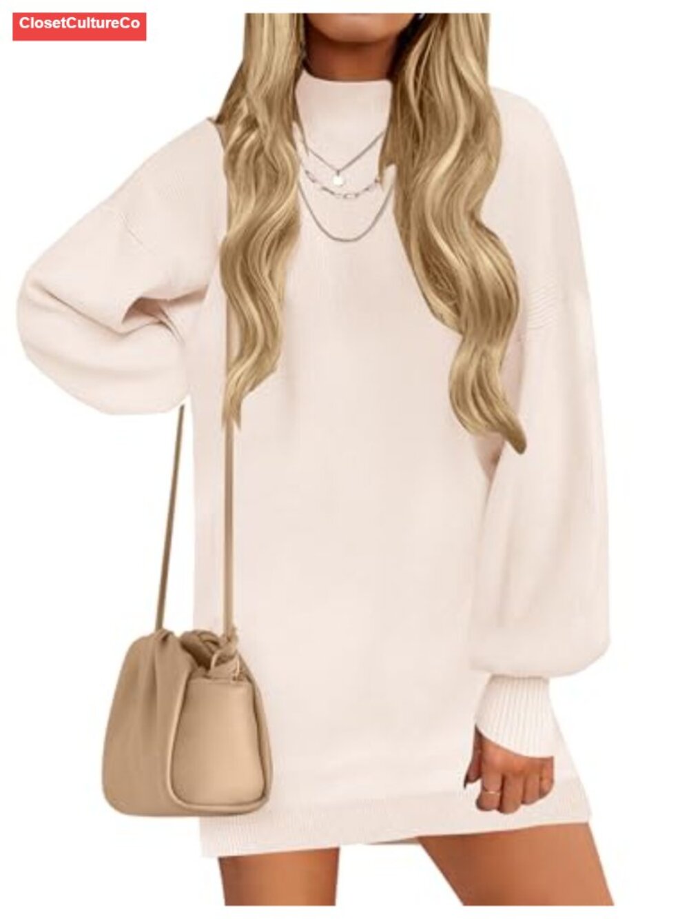 Mock Neck Mini Sweater Dress Lantern Sleeve Ribbed Knit Pullover